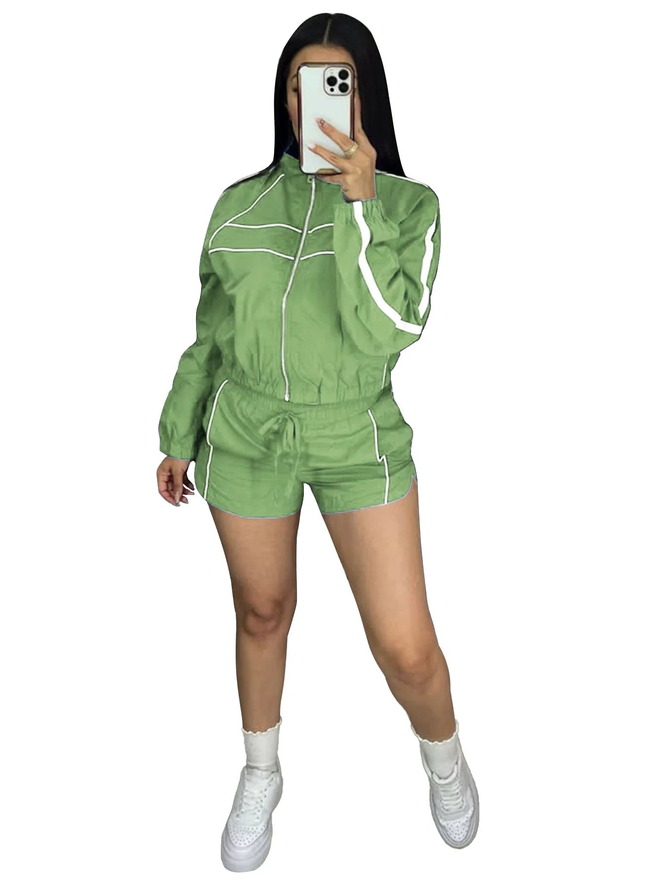 Women's Set Long Sleeve Jacket + Shorts Suit 2025 Summer Streetwear Active Slim Sporty Two 2 Piece Set Outfit Tracksuit Light Green
