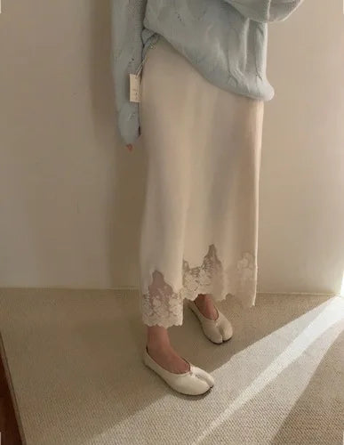 Patchwork Lace Skirts Women Fashion Knitted Jupe 2023 Faldas Mujer De Moda High Waist Tunic Saia Vintage Temperament Long Skirt Apricot One Size