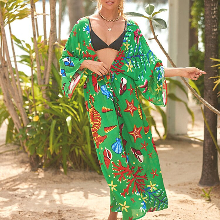 Swimsuit Cover Up Tiger Printed Kimono Women Belted Wrap Dresses Beach Wear Boehemian Pareo Bathing Suits Dress 86013 One Size