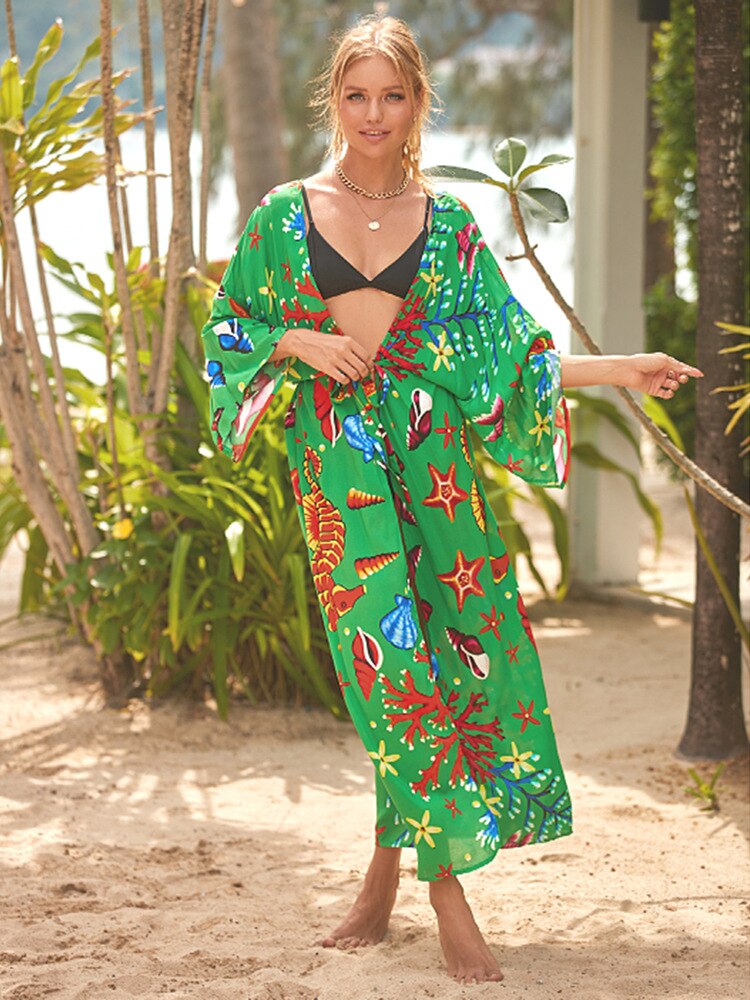 Swimsuit Cover Up Tiger Printed Kimono Women Belted Wrap Dresses Beach Wear Boehemian Pareo Bathing Suits Dress 86013 One Size