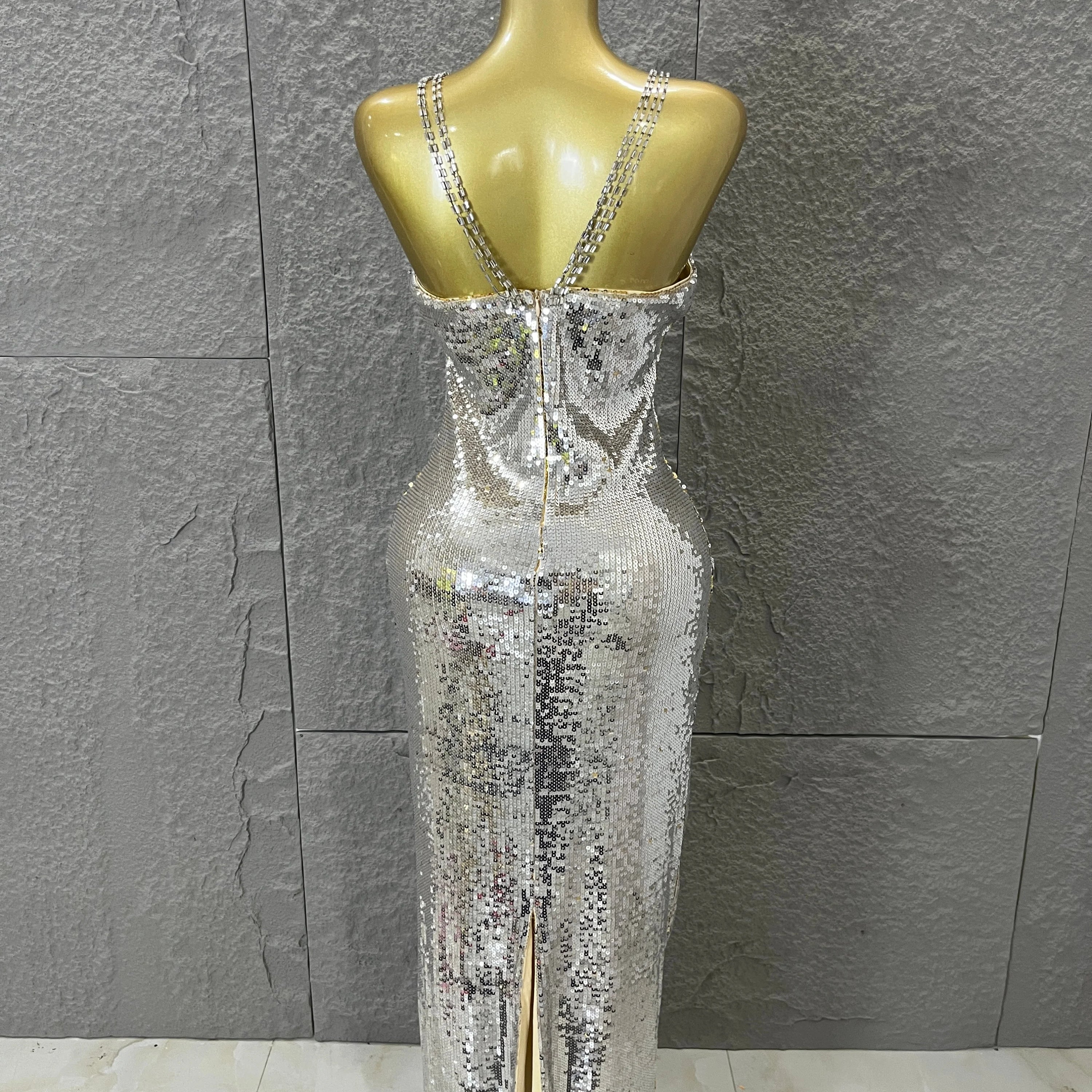 Classic Gold Sequin Mermaid Dress Rhinestone Chain Shoulder Straps Sweetheart Neck Formal Evening Gala Photoshoot Cocktail Party