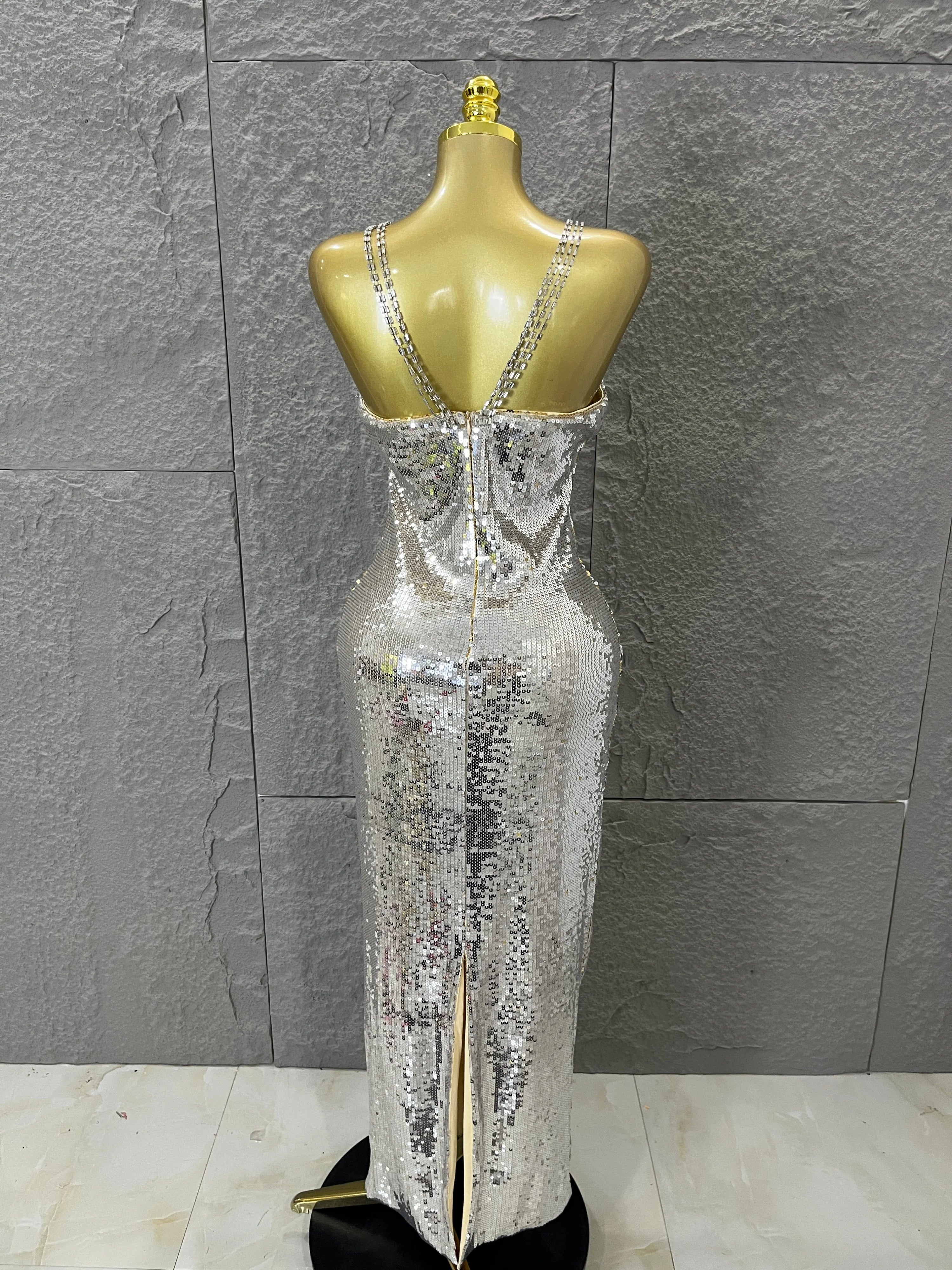 Classic Gold Sequin Mermaid Dress Rhinestone Chain Shoulder Straps Sweetheart Neck Formal Evening Gala Photoshoot Cocktail Party