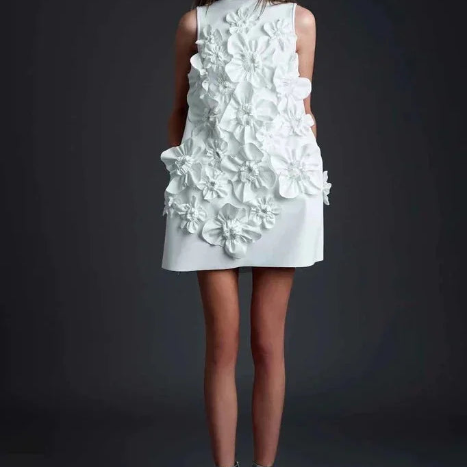 Elegant Ladylike Short Skirt Heavy Embroidery Splicing Belted Dress Women's Fashion Spring Sleeveless Dress WHITE