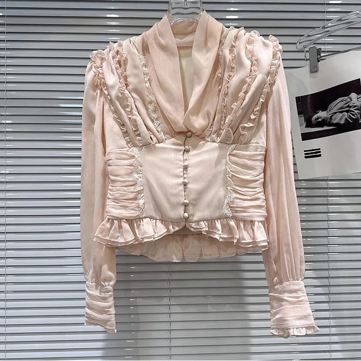 Winter New Sweet Temperament V-neck Heavy Pleated Edge Waist Design Chiffon Blouse For Women Small Shirt 11A07900