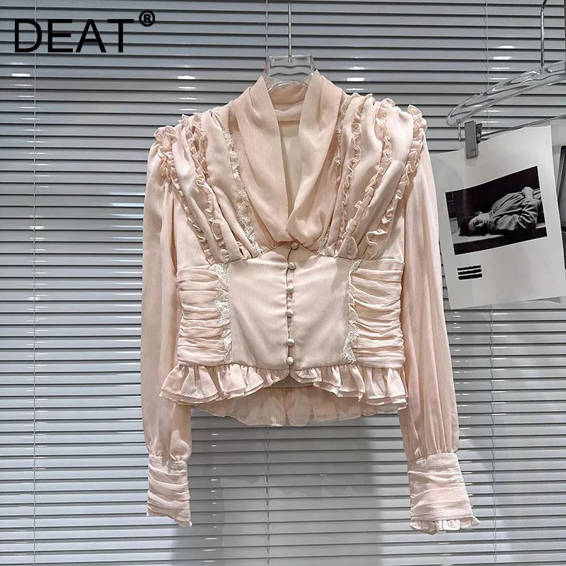 Winter New Sweet Temperament V-neck Heavy Pleated Edge Waist Design Chiffon Blouse For Women Small Shirt 11A07900
