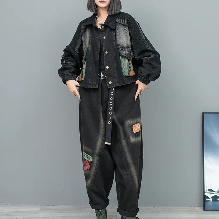 Spring Autumn New Trendy Cool Personality Distressed Long Sleeved Denim Jacket + Harem Pants Two-piece Set Women LX154