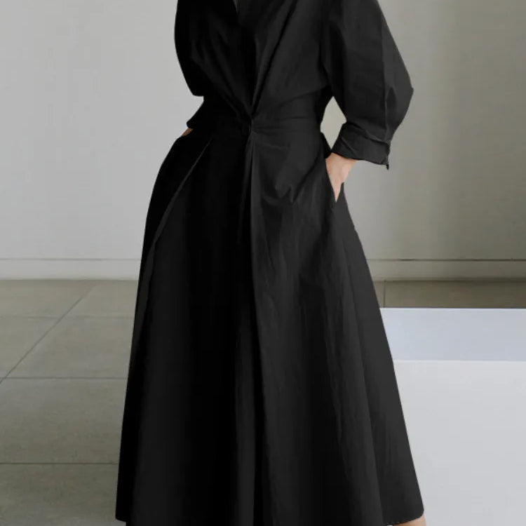 S-5XL Korean Fashion Long Sleeve Shirt Dress Chic Turndown Neck Ruched Maxi Dress Women 2022 Autumn Winter Clothes Streetwear black