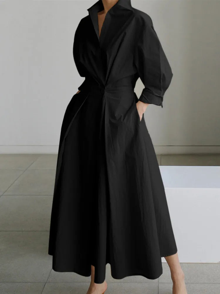S-5XL Korean Fashion Long Sleeve Shirt Dress Chic Turndown Neck Ruched Maxi Dress Women 2022 Autumn Winter Clothes Streetwear black