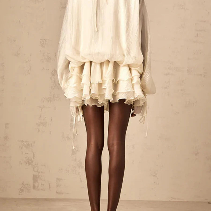 Solid Loose Spliced 3D Flowers Dresses for Women V Neck Long Sleeves Patchwork Ruffles Fold Dress Female Clothing