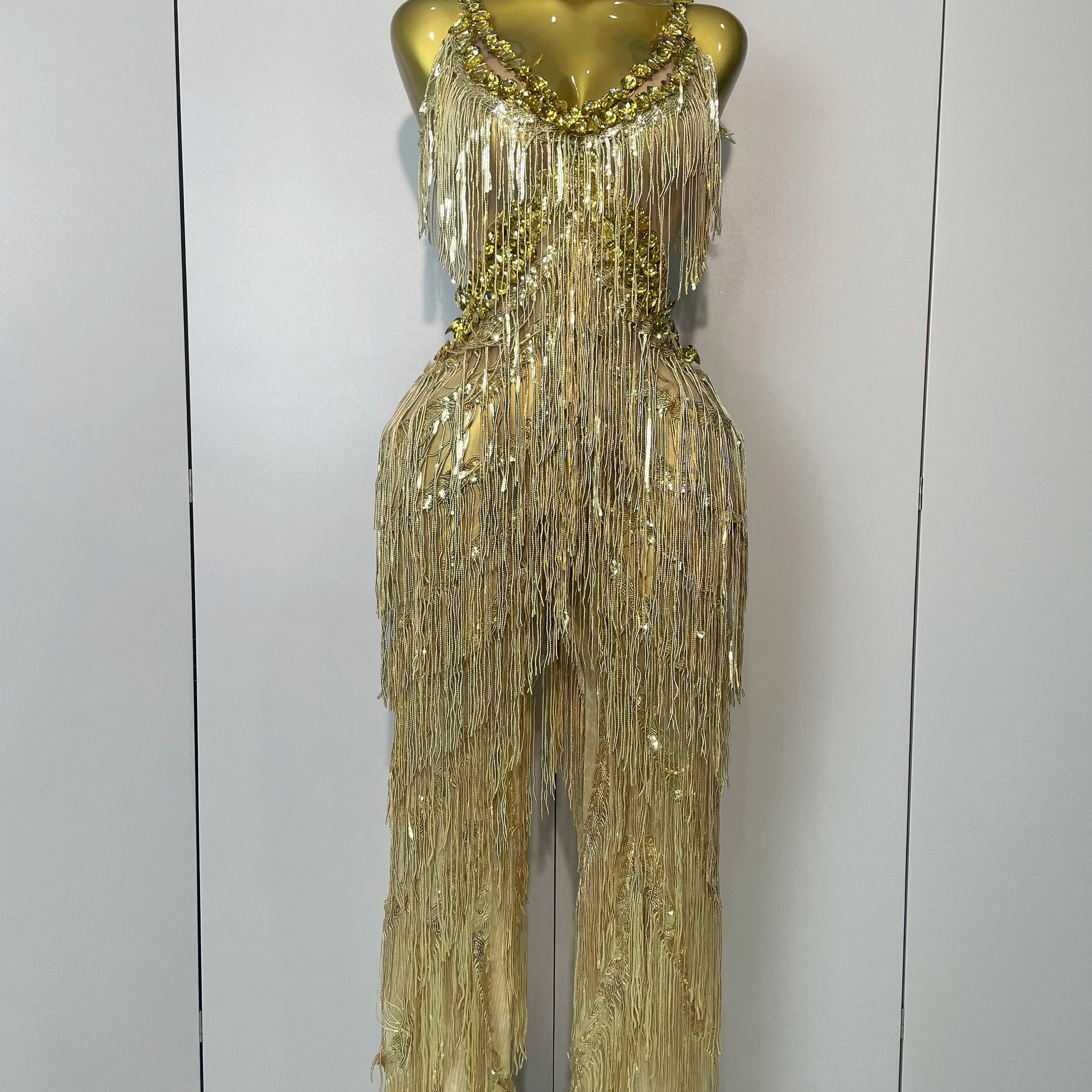 Shiny Gold Rhinestones Sequined Fringe Wide-leg jumpsuit 2025 Women Sexy Night Party Club Outfit Singer Stage Perform Costume Gold