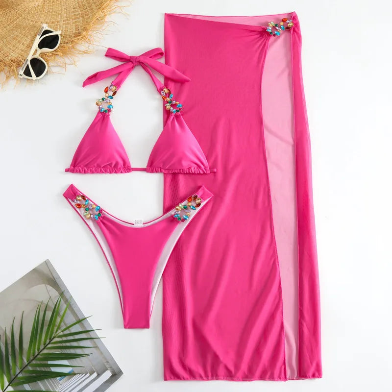 Yellow Sexy Rhinestones Bikinis Women Swimwear Female Swimsuit Swimming Bathing Suits Brazilian Bikini Set Beachwear Bather