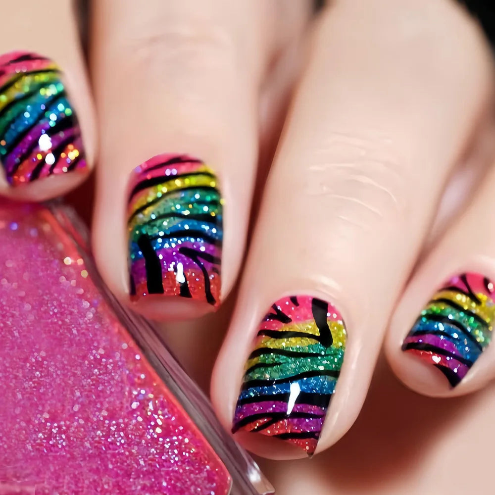 Medium long fake nails for women girls Y2K colorful gradient leopard print Pink green coffee coffin tips press on false nail set 2298