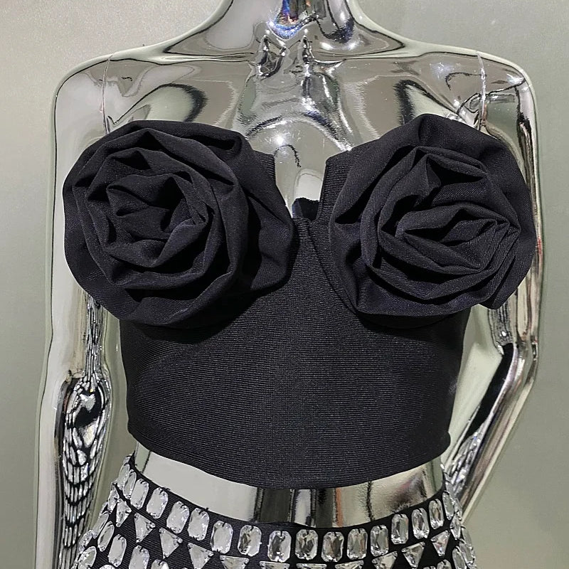 STOCK Stylish Sexy Woman Item Stereoscopic Flowers Strapless Top Summer Party Music Festival Vestido Holiday Vocation Outfit black