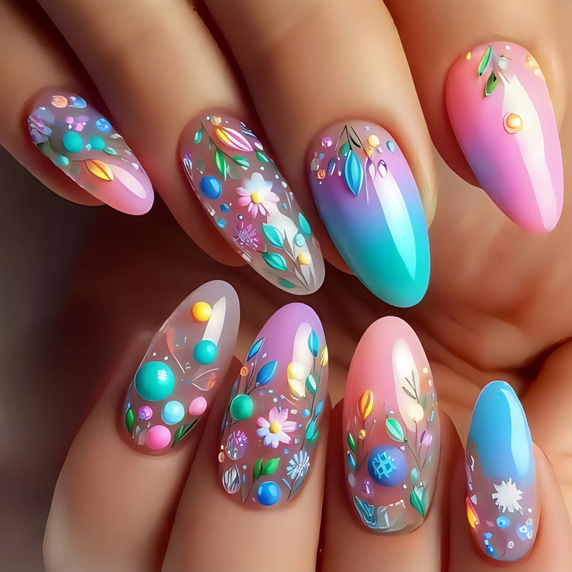 24Pcs Simple Almond Press on Fake Nails with Jelly Glue Fresh Flowers Design French Summer Fashion Acrylic oval Fake Nails Tools 4