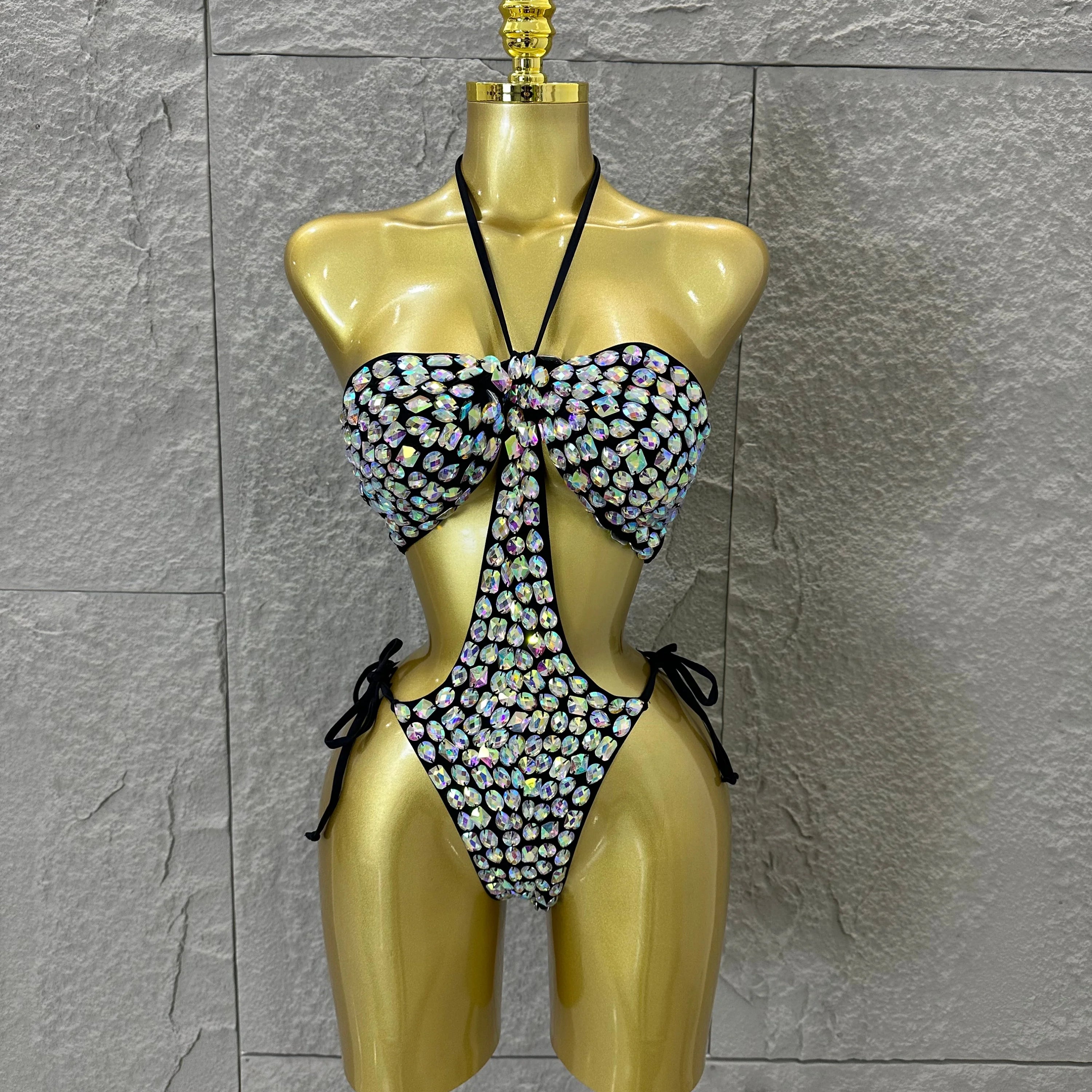 Women Sexy Halter Neck Iridescent Crystal Embellished Cutout Outfit Stage Performance Costume 2026 Luxurious Black Bodysuit E