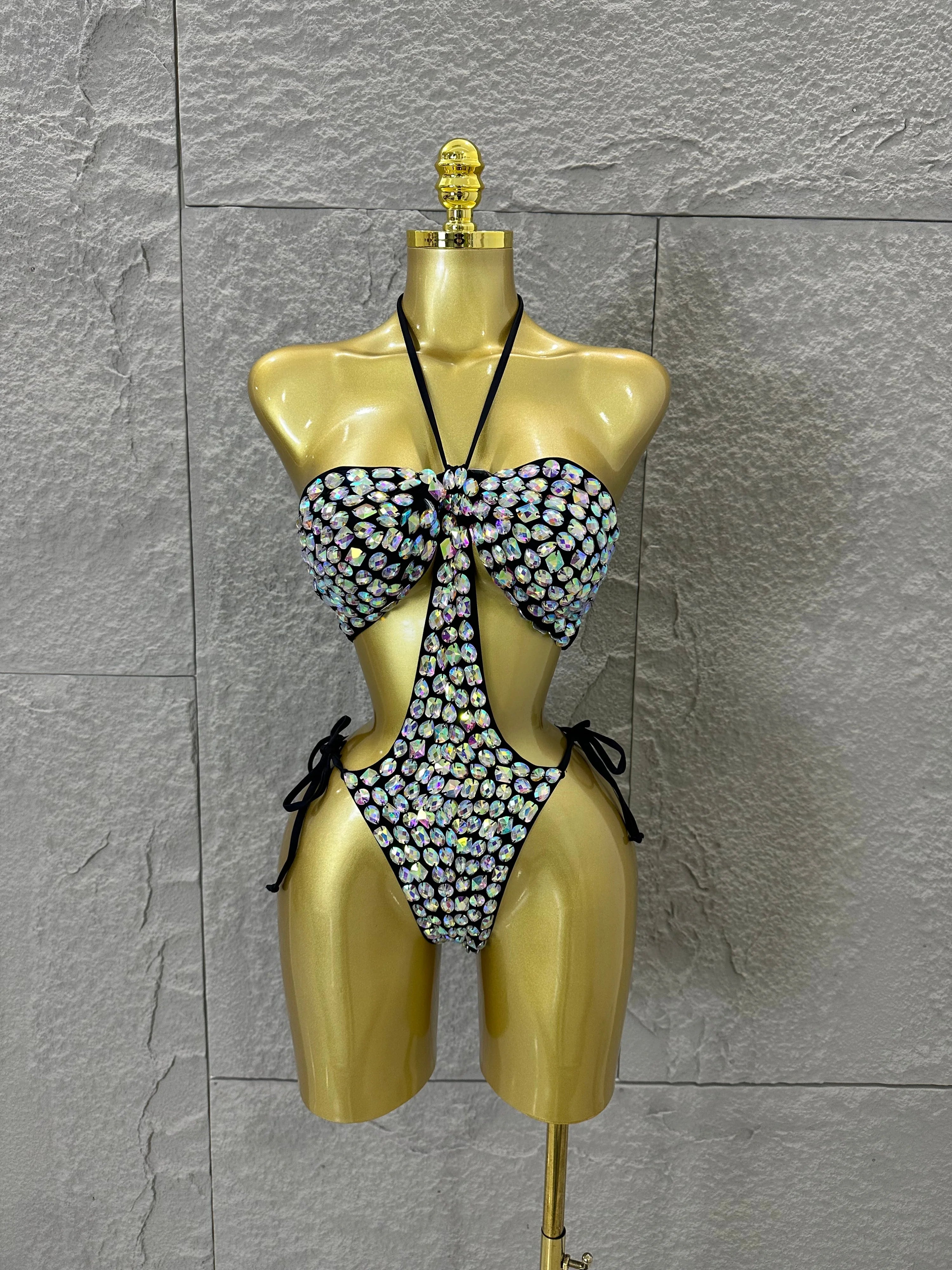 Women Sexy Halter Neck Iridescent Crystal Embellished Cutout Outfit Stage Performance Costume 2026 Luxurious Black Bodysuit E