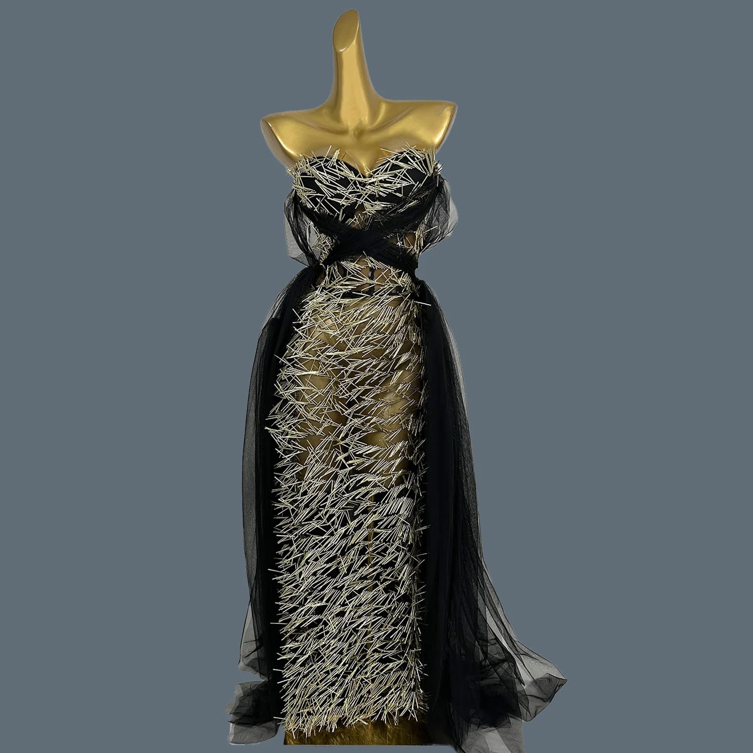 Sexy High-end See Through Mesh Evening Dress Suit Gold Sequins Black Dress Chiffon Long Dress Bar Special Design Outfit Ciwei black One Size