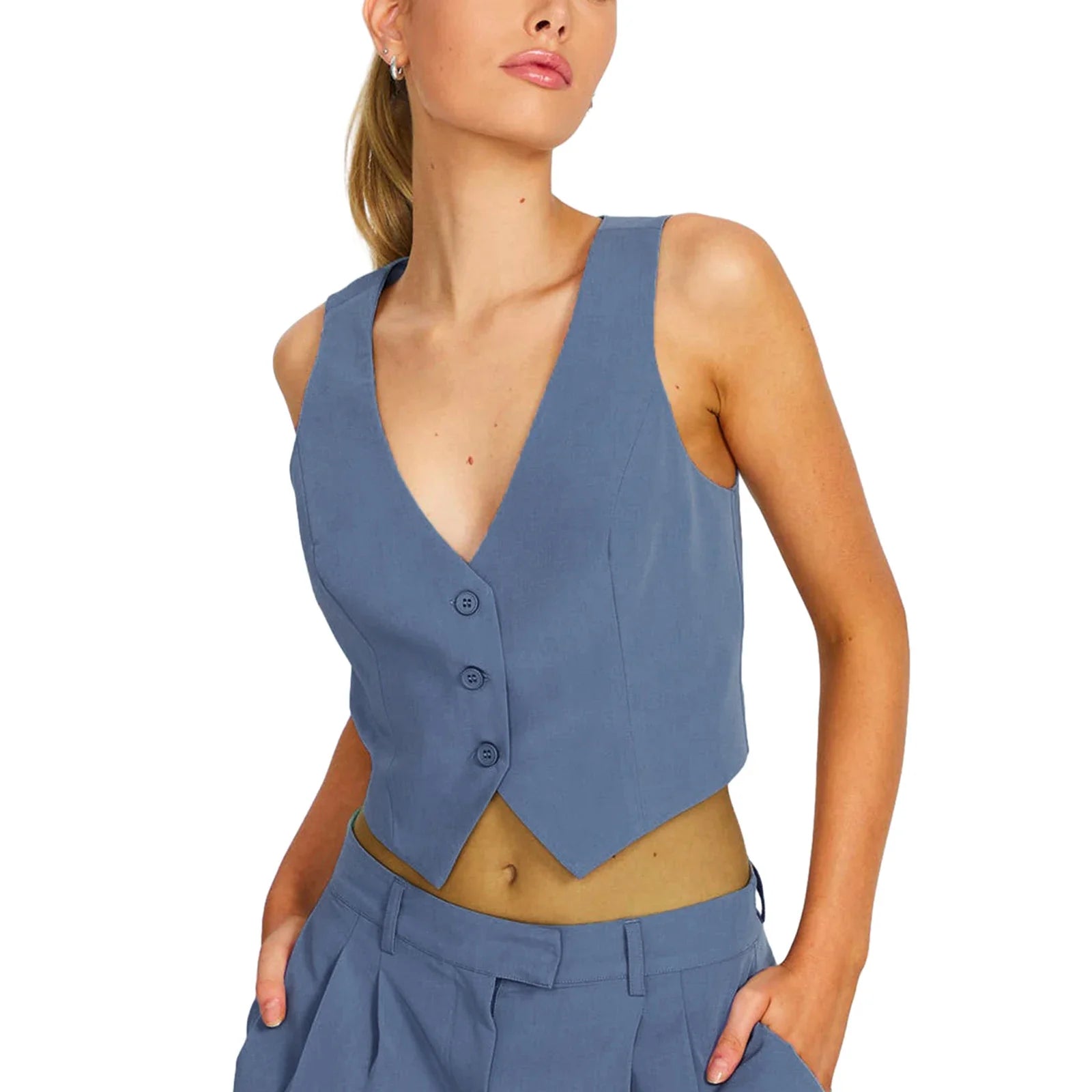 Women Vest Sleeveless V Neck Button Vest Solid Color Outwear Gilet for Casual Daily 05- Blue