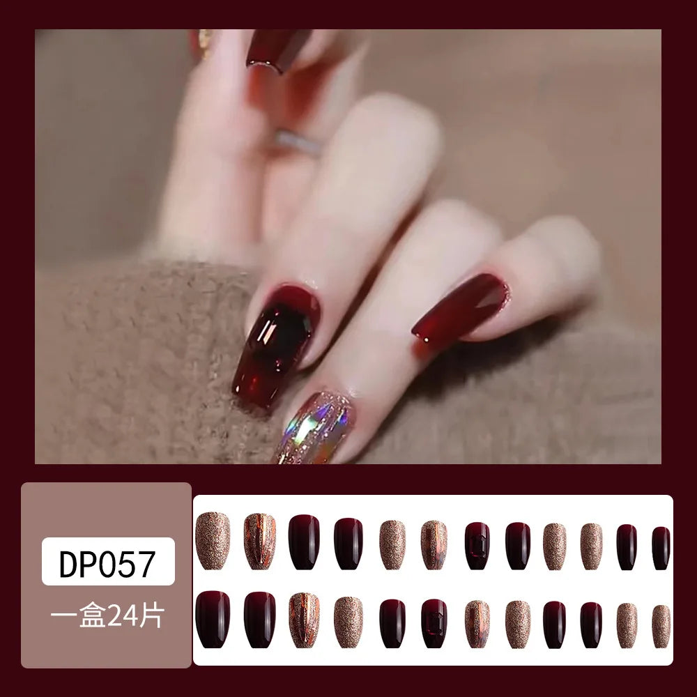 24Pcs Red Fake Nails with 3D White Flower Design Mid Length Coffin Press on Nails Wearable Korean Sweet Flower False Nails
