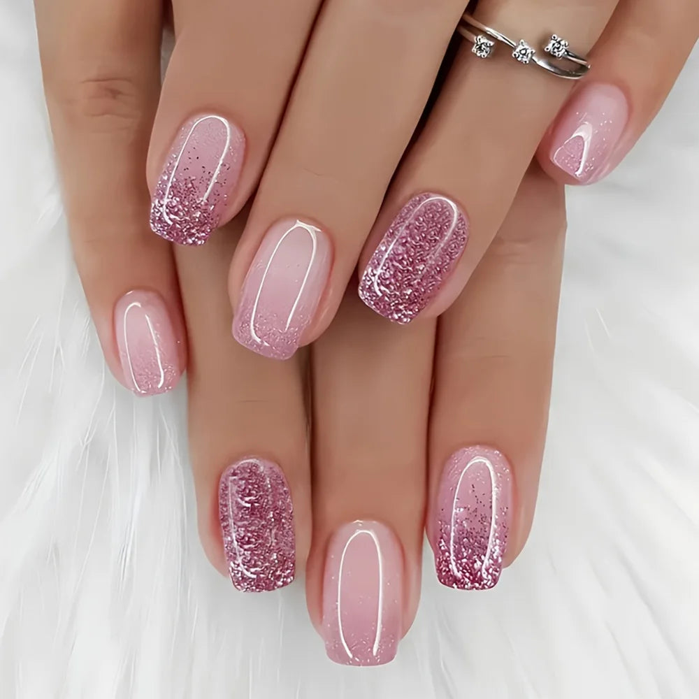 24Pcs Short False Nails with Shimmery Powder Ballet Nail Art Full Cover French Sheer Wearable Nail Manicure Tips for Girls Daily 1