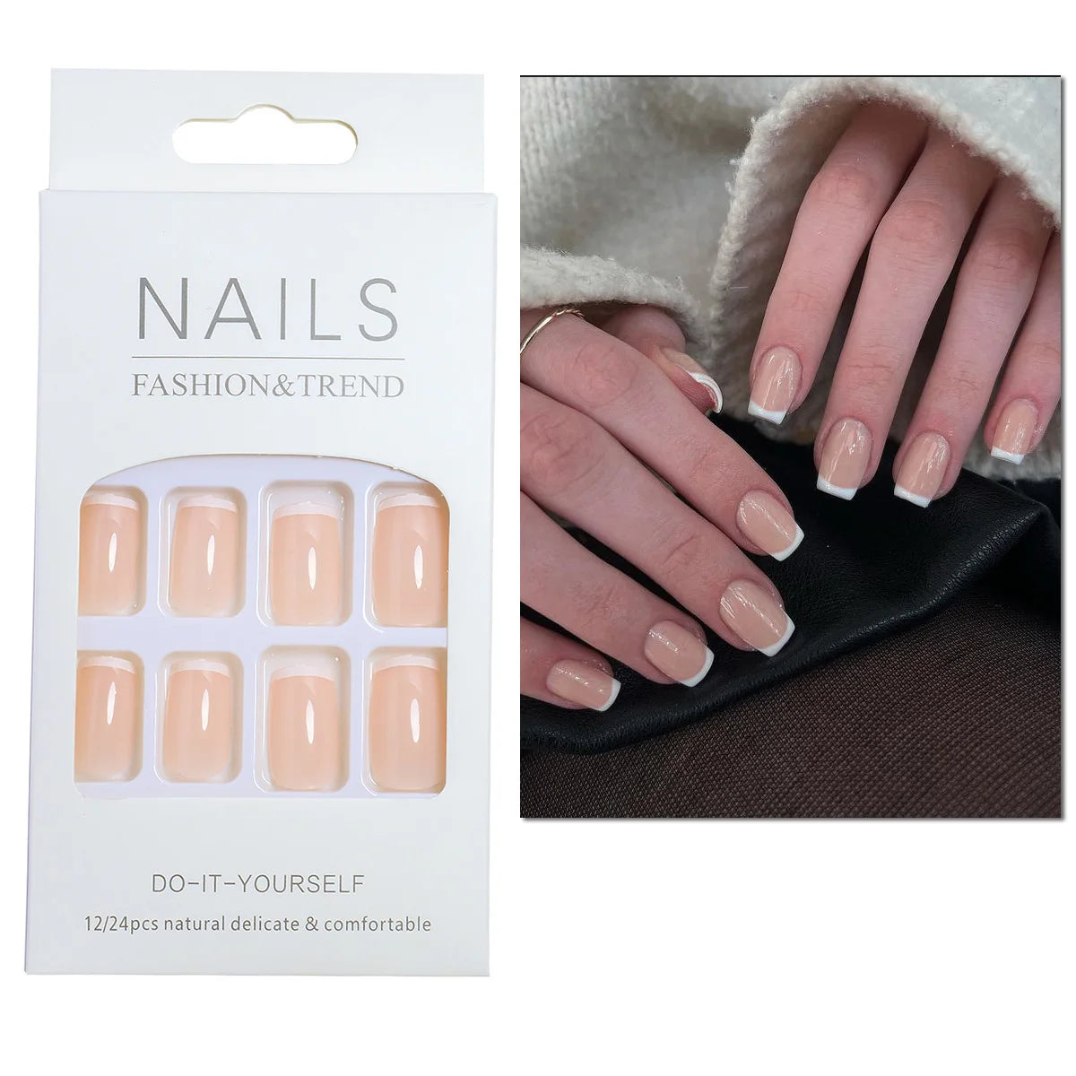 24pcs/set short square fake nails for women cute bride heart white french tips faux ongles y2k press on false nail supplies 1068