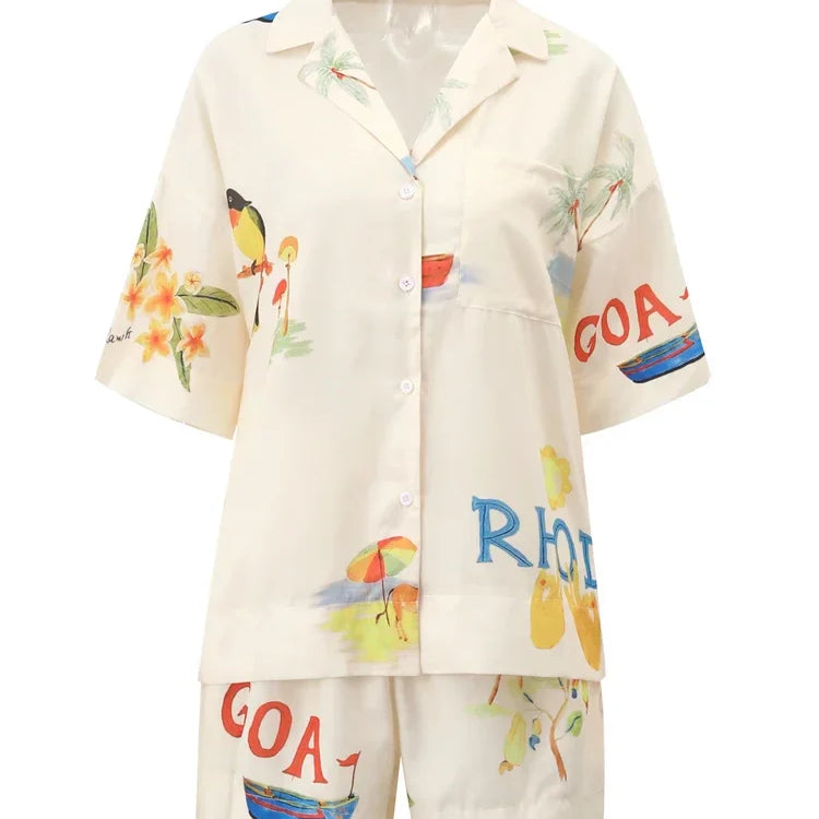 Plant Flowers Birds Printed 2 Pieces Set Women Holiday Short Sleeve Button Up V-neck Shirts Top Suit High Waist Shorts Outfits