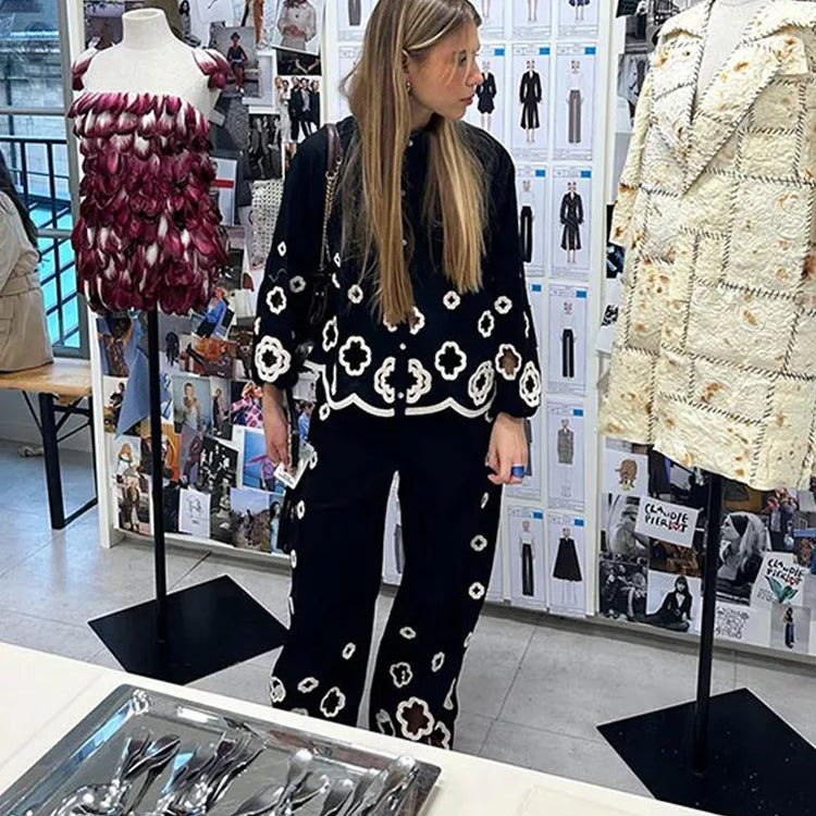 Chic Hook Flower Hollow Out Women's Lace Pants Set Retro Lapel Long Lantern Sleeve Shirt Suit New Lady Party Elegant Outfit