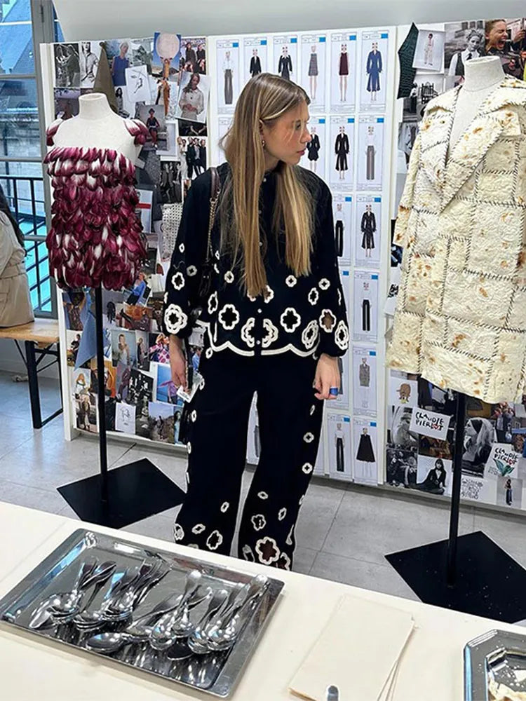 Chic Hook Flower Hollow Out Women's Lace Pants Set Retro Lapel Long Lantern Sleeve Shirt Suit New Lady Party Elegant Outfit