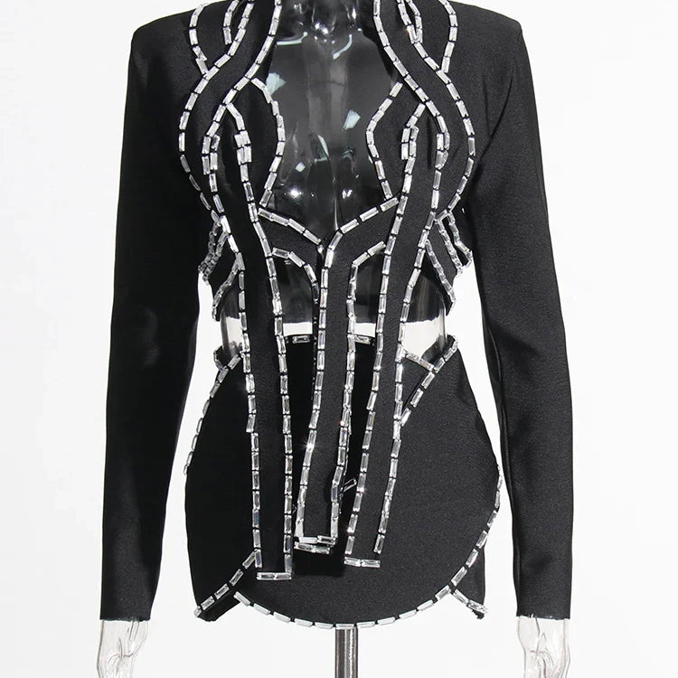 Hollow Out Two Piece Sets For Women V Neck Long Sleeve Tops High Waist A Line Skirt Summer Set Female Fashion New BLACK