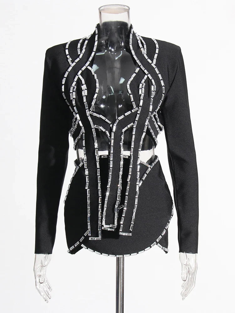 Hollow Out Two Piece Sets For Women V Neck Long Sleeve Tops High Waist A Line Skirt Summer Set Female Fashion New BLACK