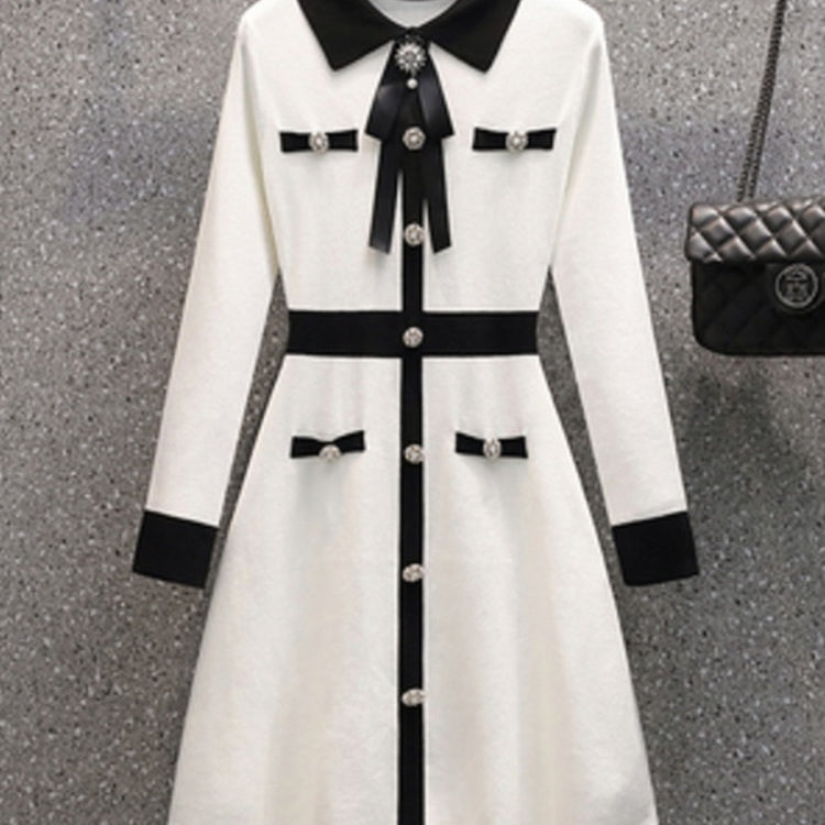 Small Fragrance Fall Winter Knitted Sweater Dress Women Bow Tie Buttons Vintage Party Mini Dress Elegant Casual Chic Robe Femme