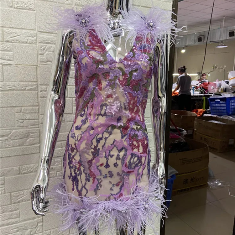 Light Purple Color Women Sleeveless Sexy V-Neck Bodycon Mini Dress Sequins Feathers Celebrate Birthday Party Cocktail Dress