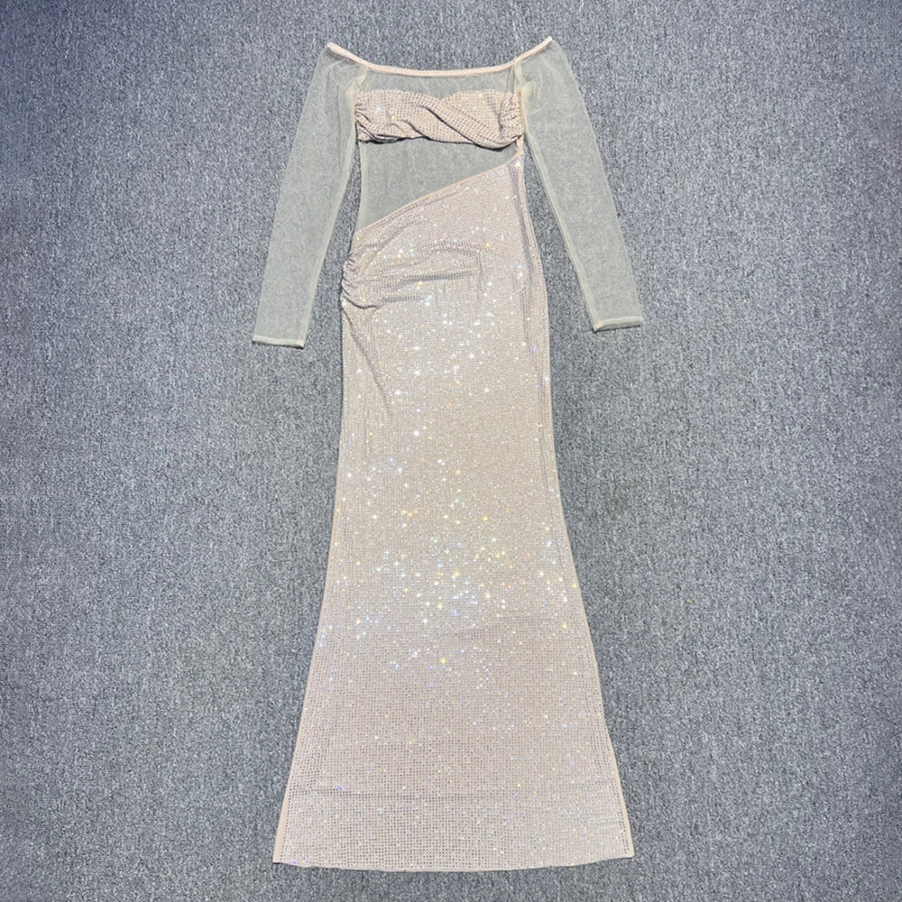 Elegant Sequin Embellished Off-Shoulder Mesh Maxi Dress for High-End Weddings Evening Gown Beige
