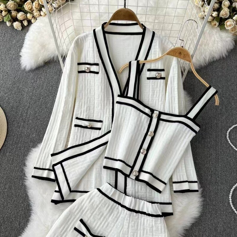 Runway Casual Long Sleeve V Neck Cardigan Coat Top + Sling Vest + Shorts Chic Knitted Vintage Female Luxury Women's 3 Piece Sets