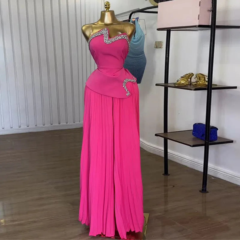 CM.YAYA Women's Set Diamonds Hot Rhinestones Crop Top and Pleated Wide Leg Pants Suit 2025 Two 2 Piece Sets Outfits Tracksuit