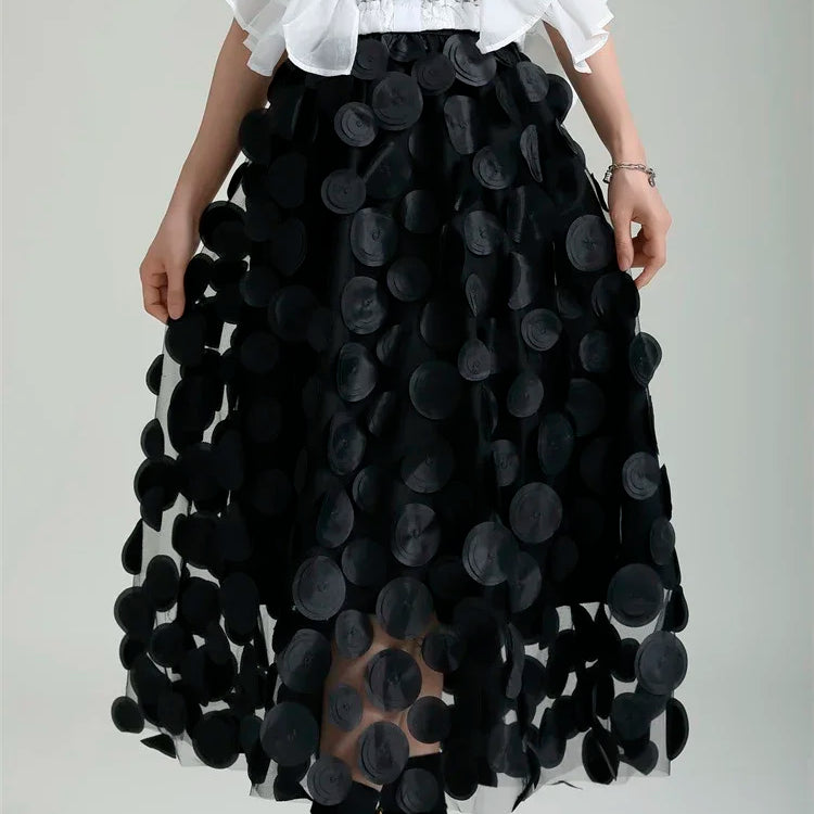 S-3XL Retro Goth 3D Design Polka Dot Tulle Mesh Skirts Womens Spring Summer High Waist Elastic Midi Long Tutu Skirts Female