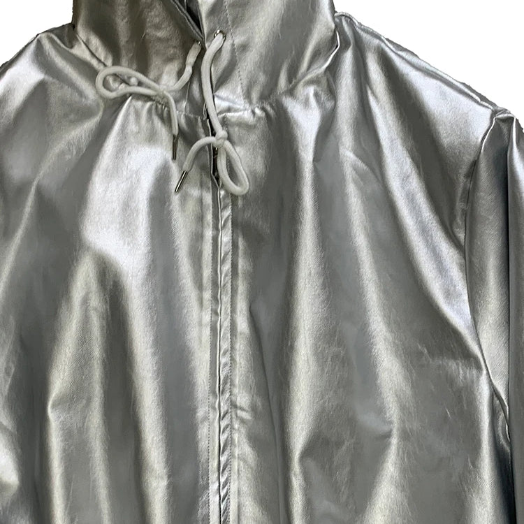 Mauroicardi Autumn Oversized Waterproof Silver Faux Leather Jacket Men with Drawstring Hood Zipper Loose Casual Korean Fashion