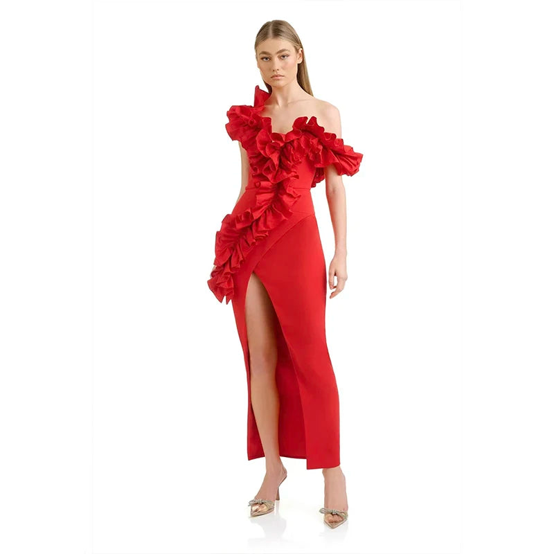 Red Black Color Women Sexy Slash Neck Off the Shoulder Florals Bodycon Long Bandage Dress Fashion Evening Party Dress Red