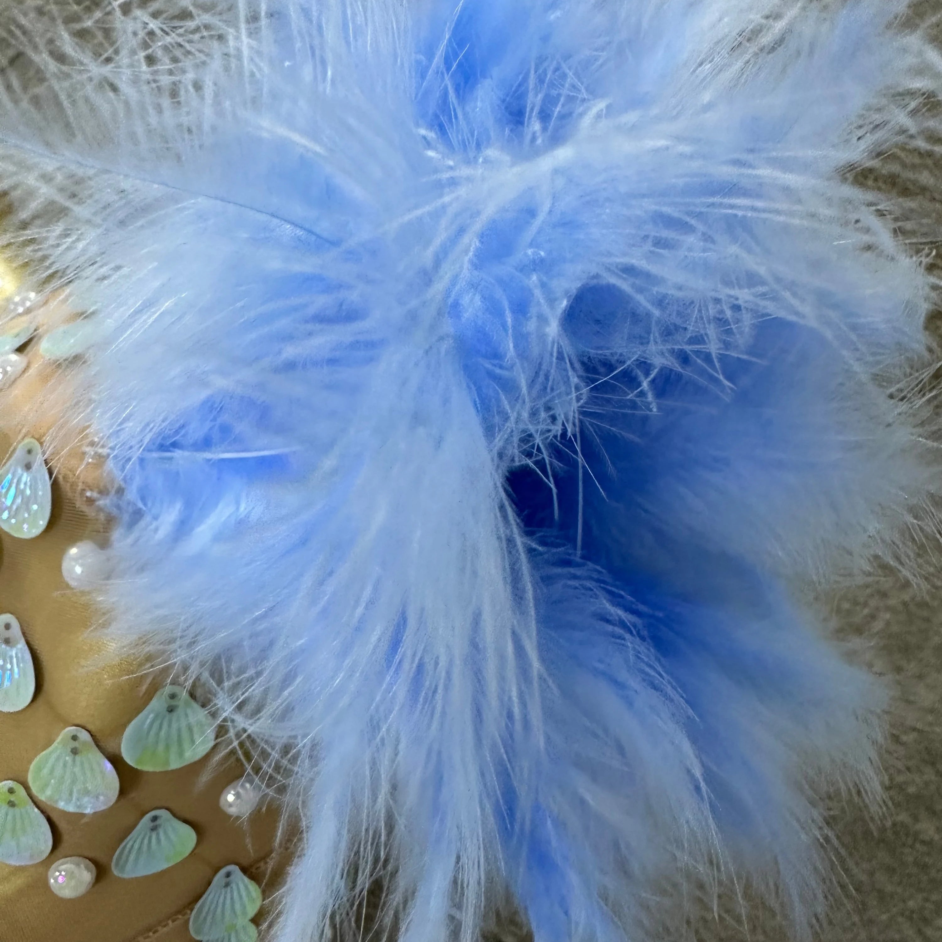 Women Blue Feather Trim Teardrop Sequin Embellished Bodycon Stage Performance Gown Nude Sheer Mesh Maxi Dress