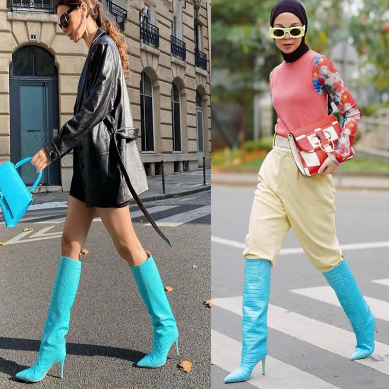 Size 43 Women Sexy Pattern Knee High Boots 2022 Autumn High-heel Pointed Toe Women's Shoes Black
