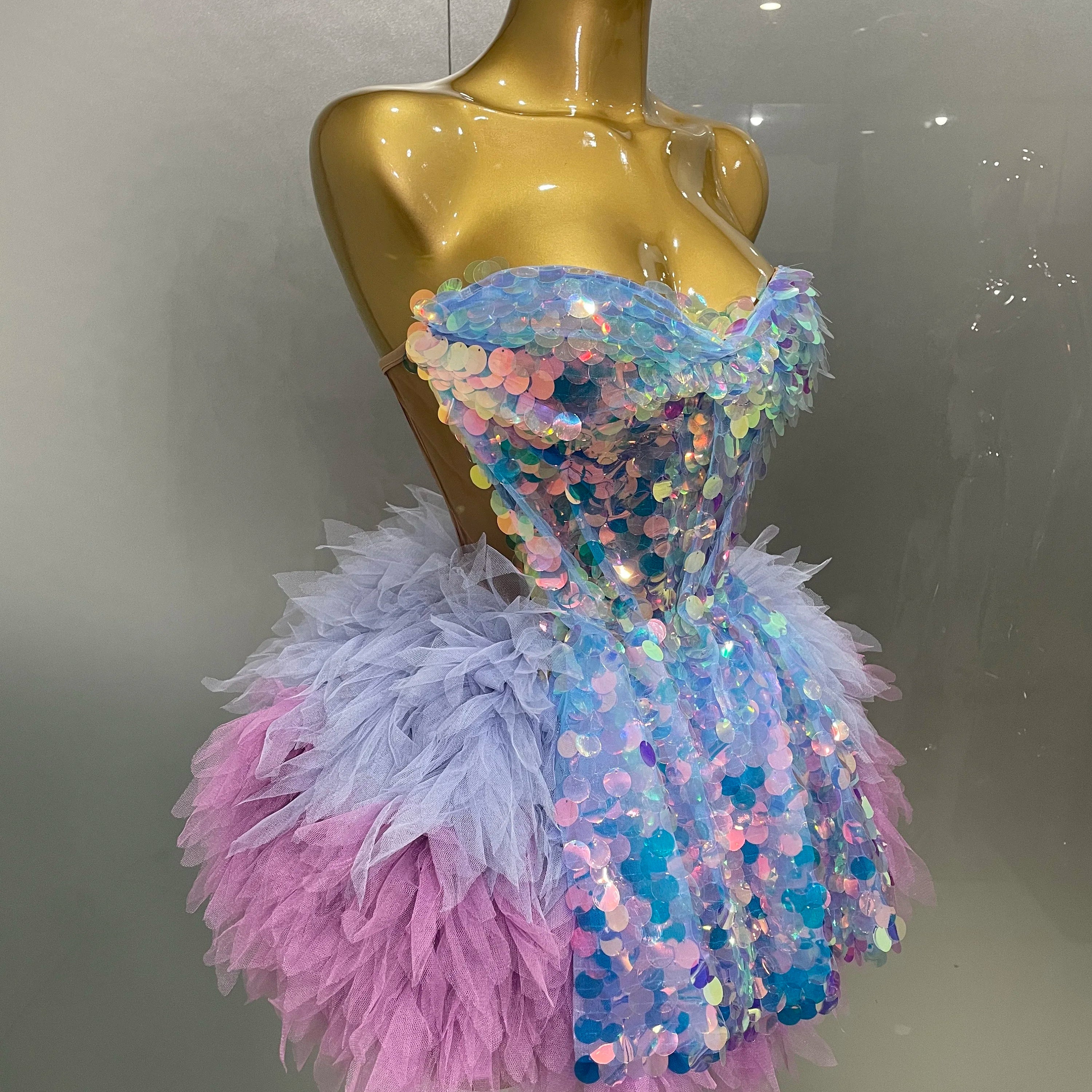 2025 New Stage Costume Women's Sparkly Sequin Mesh A Line Top Skirt 2 Pieces Set Nightclub Party Birthday Dress Photo Shoot Wear