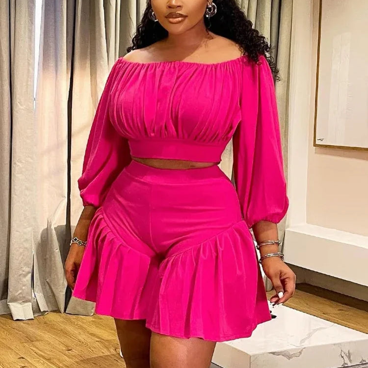 Plus Size Women's Set Long Sleeve Slash Neck T-Shirt and Shorts 2025 Summer Ruched Two 2 Piece Set Outfits Tracksuit