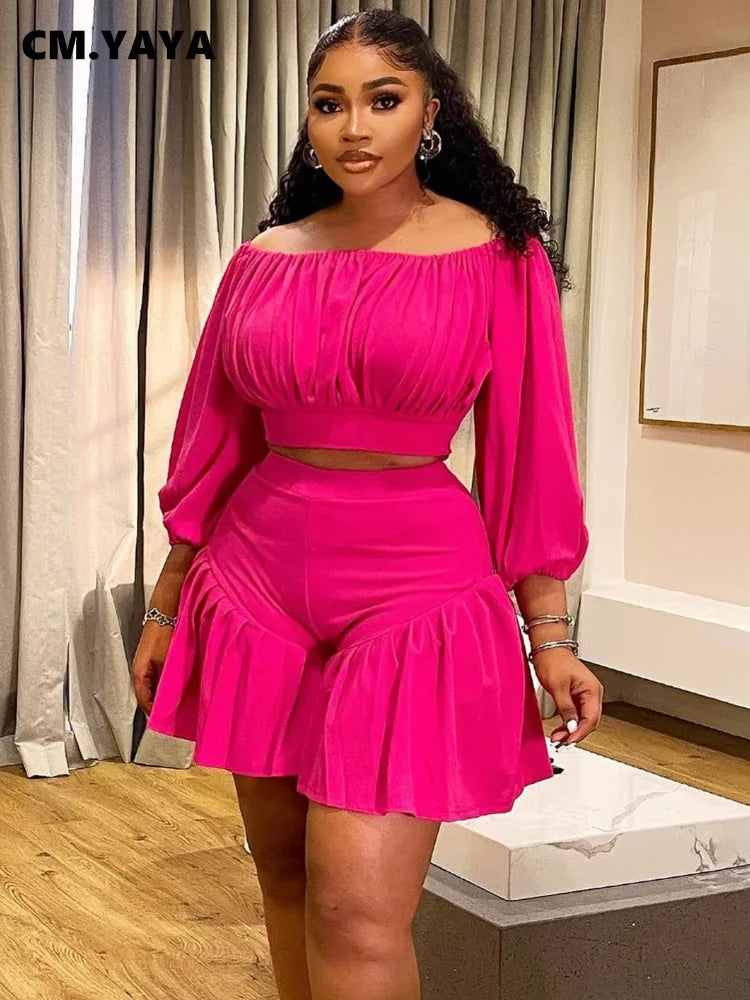 Plus Size Women's Set Long Sleeve Slash Neck T-Shirt and Shorts 2025 Summer Ruched Two 2 Piece Set Outfits Tracksuit