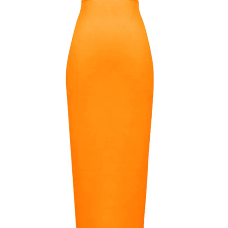 Women Candy Color Sexy Neon Green Pink Orange Yellow Pink Midi Knee Length Bandage Skirt Designer Pencil Skirt Faldas 78cm 666-Orange