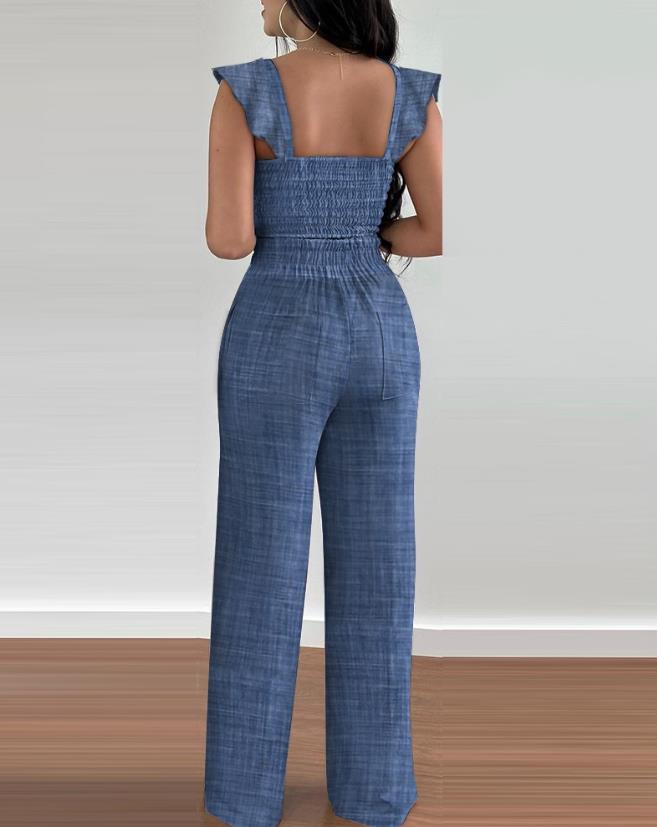 Two Piece Sets Womens Outifits 2024 Spring Fashion Shirred V-Neck Sleeveless Crop Top &amp; Casual Pocket Design Wide Leg Pants Set