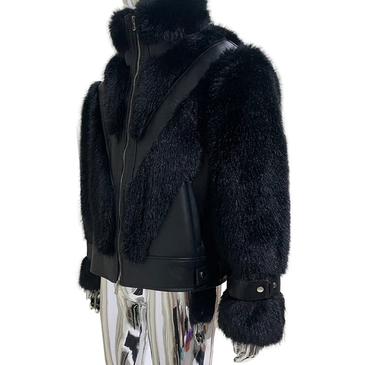 Lautaro Winter Cool Thick Warm Color Block Faux Fur Coat Men Stand Collar Luxury Zip Up Fluffy Jacket Runway European Fashion