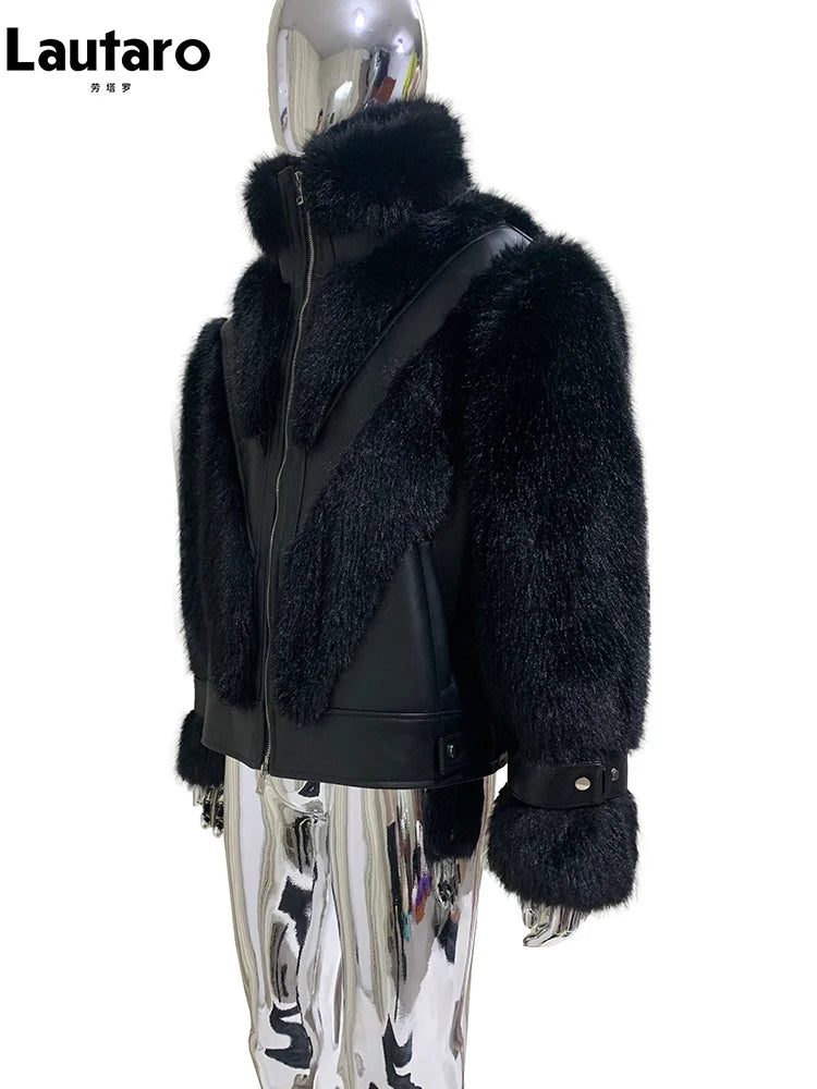 Lautaro Winter Cool Thick Warm Color Block Faux Fur Coat Men Stand Collar Luxury Zip Up Fluffy Jacket Runway European Fashion