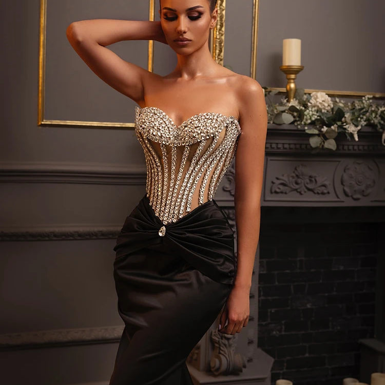 Glimmer Trumpet Black Long Dress for Women Strapless Backless Crystals Velvet Celebrity Cocktail Party Evening Gown Vestidos