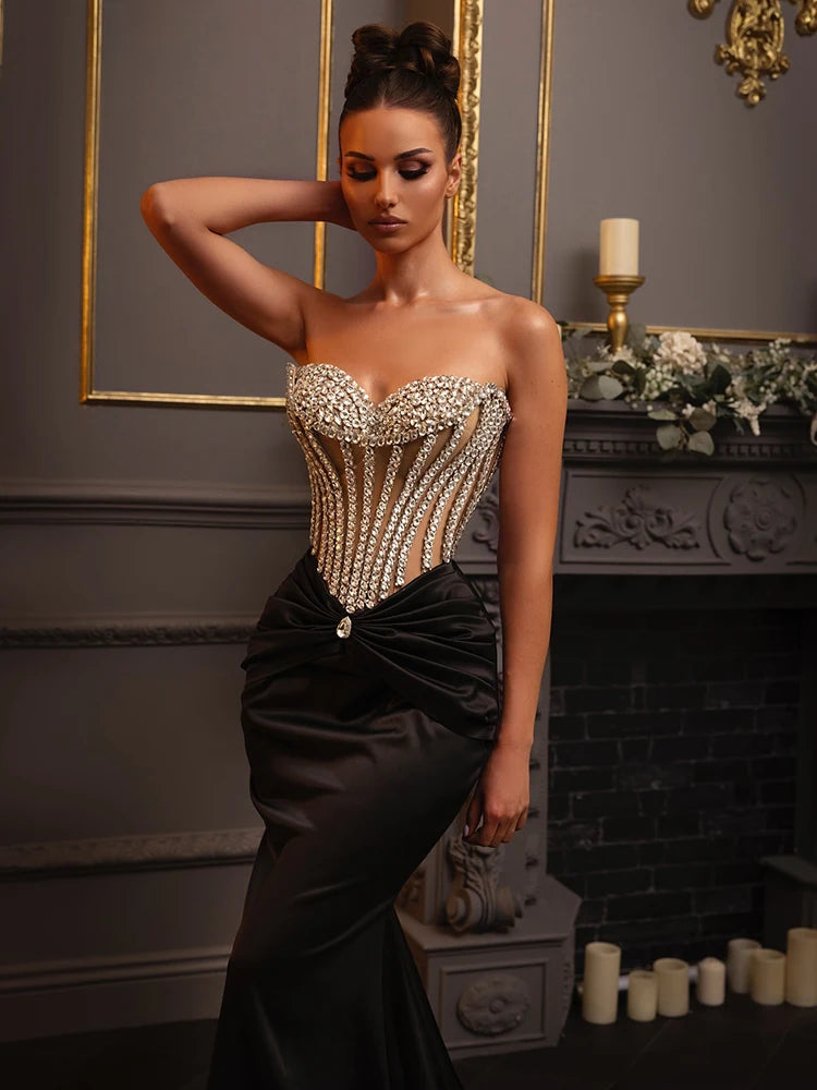 Glimmer Trumpet Black Long Dress for Women Strapless Backless Crystals Velvet Celebrity Cocktail Party Evening Gown Vestidos