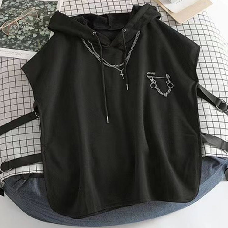 Women Streetwear Harajuku 3 Piece Set Pants For Women Chain Spring Cargo Pants+Hooded Vest+White Loose Blouse